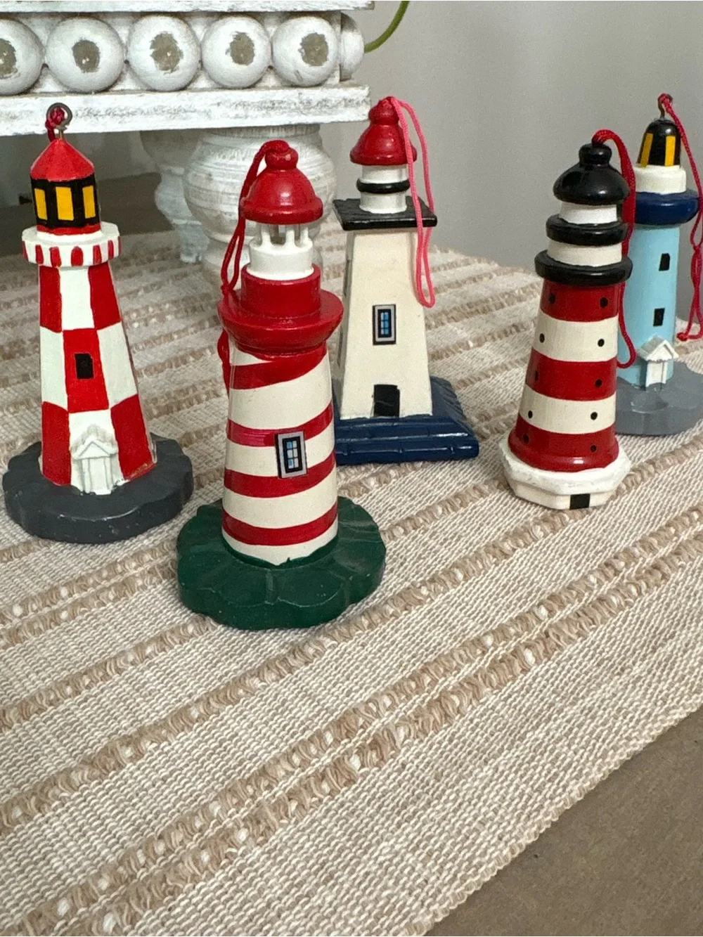 Lighthouse Ornaments -Set of 5 Decorative Wooden - Red, White, Blue 4”